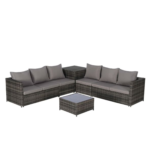 Unbranded 6-Pieces Wicker Patio Conversation Set, Outdoor Sectional L-Shaped Sofa with Dark Gray Cushions for Backyard