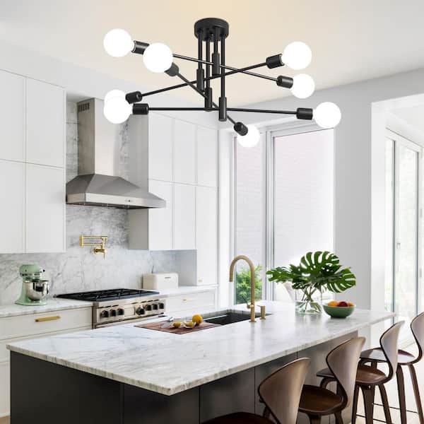 Deyidn 8-Light Vintage Black Linear Sputnik Chandelier Semi Flush