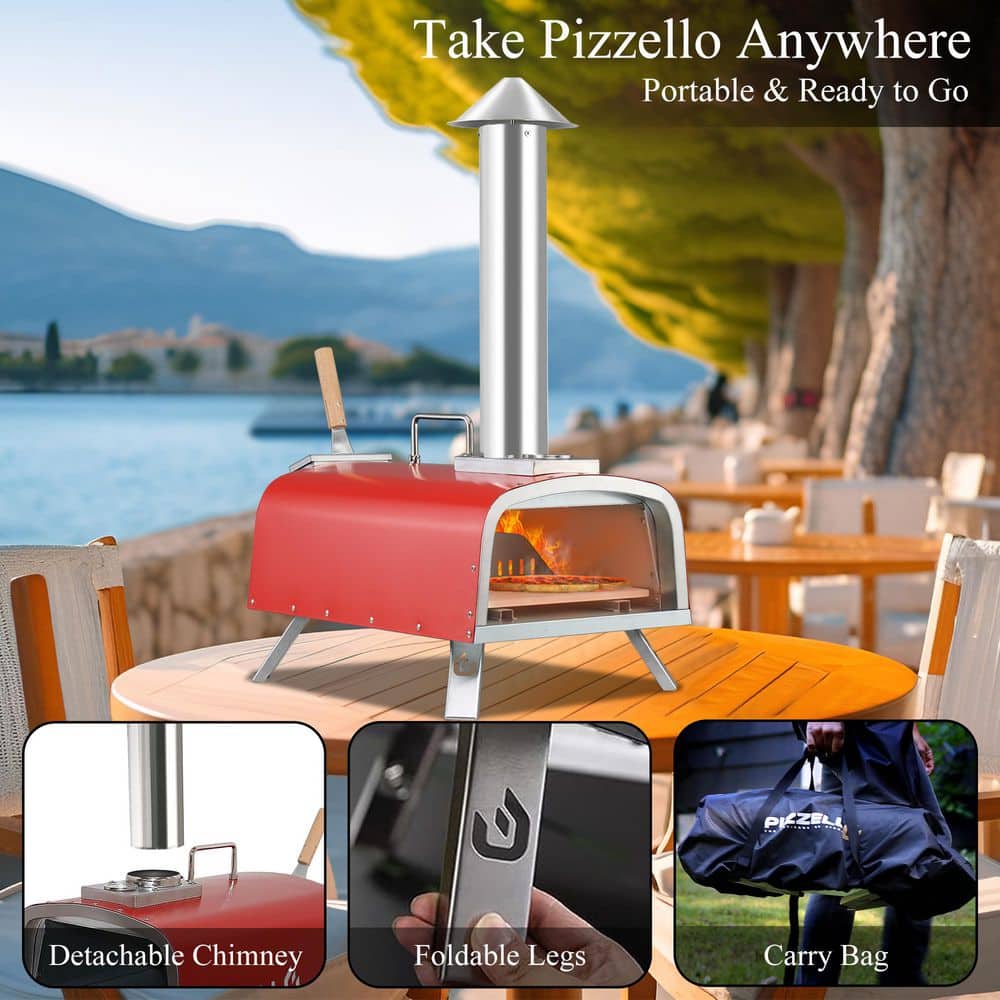 12" Red Stainless Steel Outdoor Gas and Wood Pizza Oven