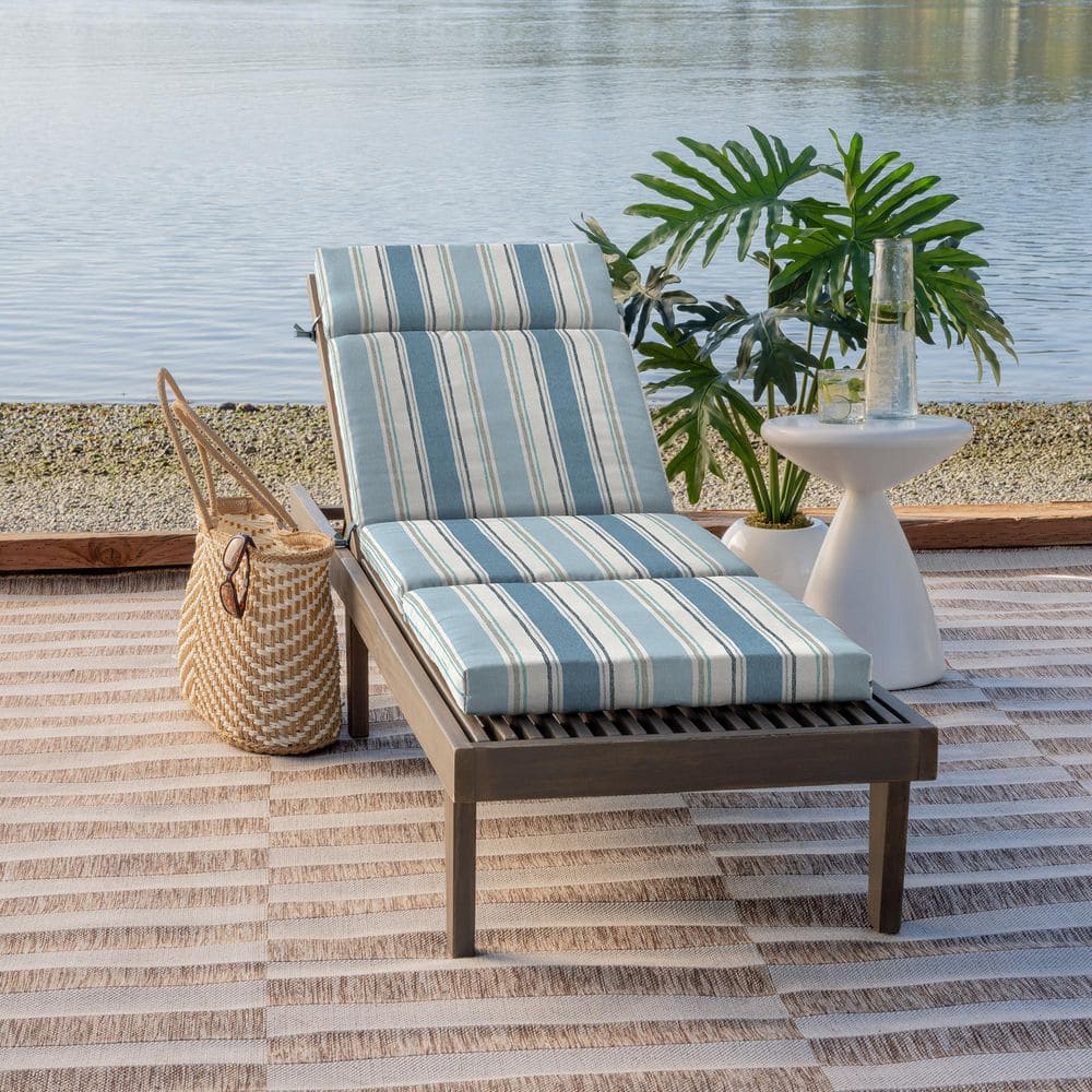 French Blue Linen Stripe Outdoor Chaise Lounge Cushion, 72 x 21