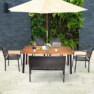 30 in. Brown 6-Piece Wicker Rectangular Outdoor Dining Set Acacia Wood Chairs Bench Armrest Garden