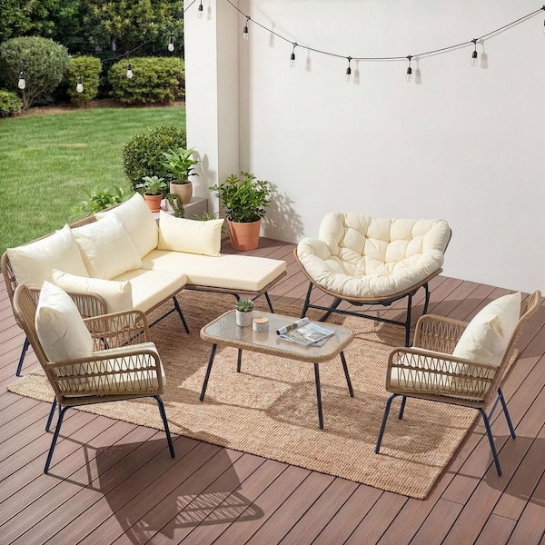 6-Piece Wicker Outdoor Lounge Chair Set with L-Shaped Sofa, 2-Chairs, Papasan Rocking Chair and Beige Cushions