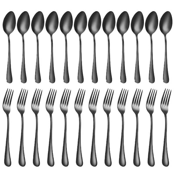 24-Piece Black Food-Grade Stainless Steel Spoons and Forks Flatware Set (Service for 12), Rust-Proof, Non-Toxic
