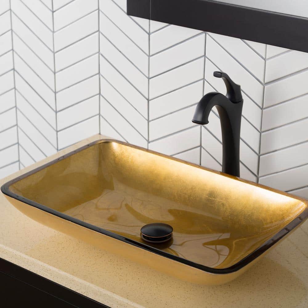 Gold Glass Rectangular Vessel Bathroom Sink, 22 inch