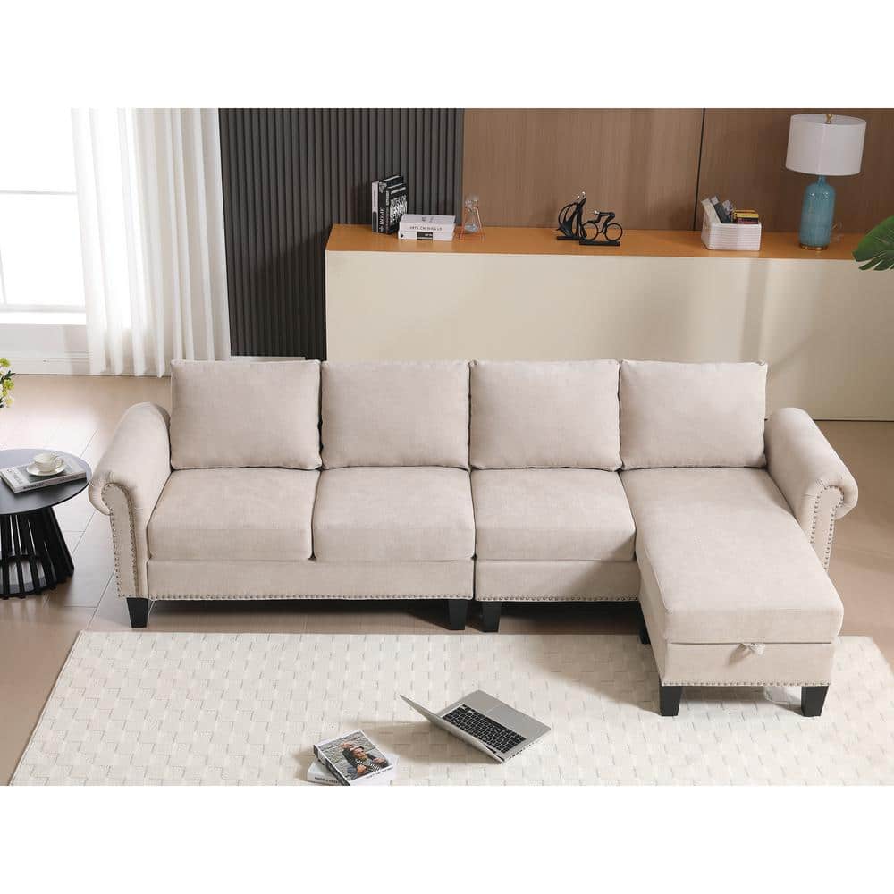 L-shaped Wood Outdoor Sectional Sofa with Storage, 4-Seater Modern Linen Fa