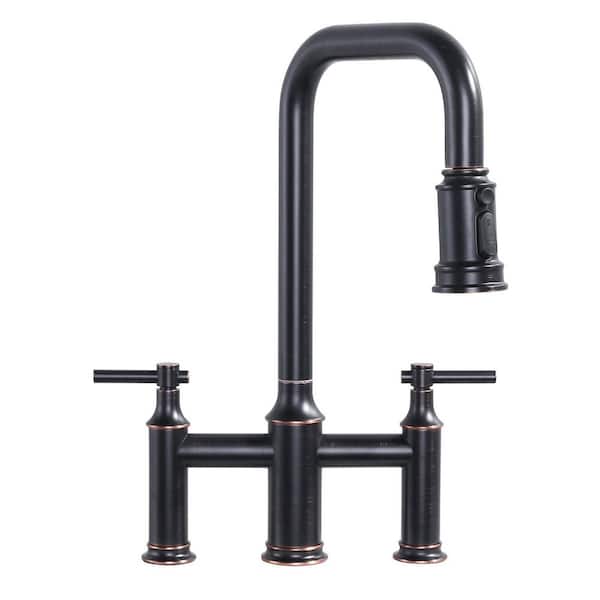 3 Patterns Double Handle Pull Down Bridge Kitchen Faucet with 360° Swivel Spout for 3 Holes in Oil Rubbed Bronze