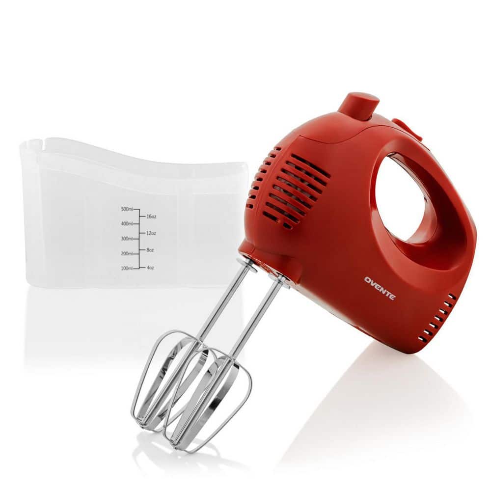 Ovente HM151R 5 Speed Ultra Mixing Electric Hand Mixer with Snap Storage Case Red