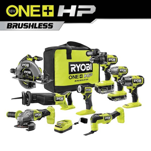 RYOBI ONE+ HP 18V Brushless Cordless 8-Tool Combo Kit with 4.0 Ah and 2.0 Ah HIGH PERFORMANCE Batteries, Charger, and Bag