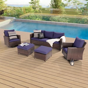 5-Piece Patio Conversation Set Brown Wicker with Swivel Rocking Chair and Navy Blue Thickening Cushions