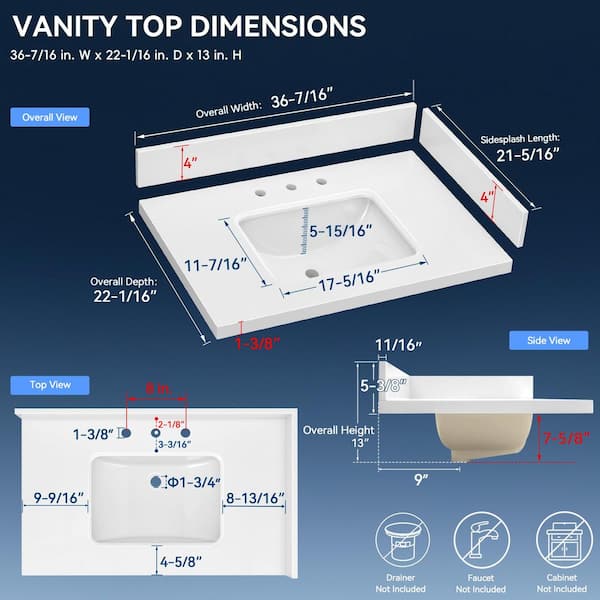 Zeafive Por 36 in. W x 22 in. D Engineered Stone White Rectangular