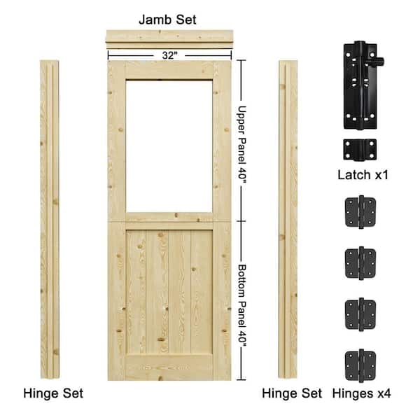 32 in. x 80 in. Solid Pine Universal 1-Lite Clear Glass Unfinished Dutch Wood Prehung Front Door +Quick Assemble Jamb