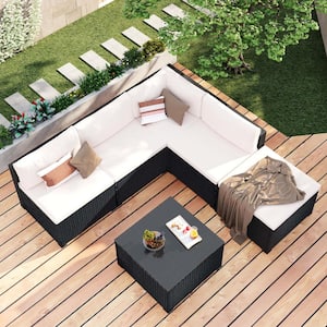 Black 6-Piece Wicker Metal Outdoor Sectional with Beige Cushions