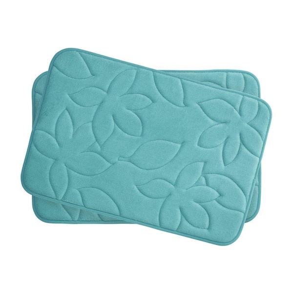 BounceComfort Blowing Leaves Turquoise 17 in. x 24 in. Memory Foam 2-Piece Bath Mat Set