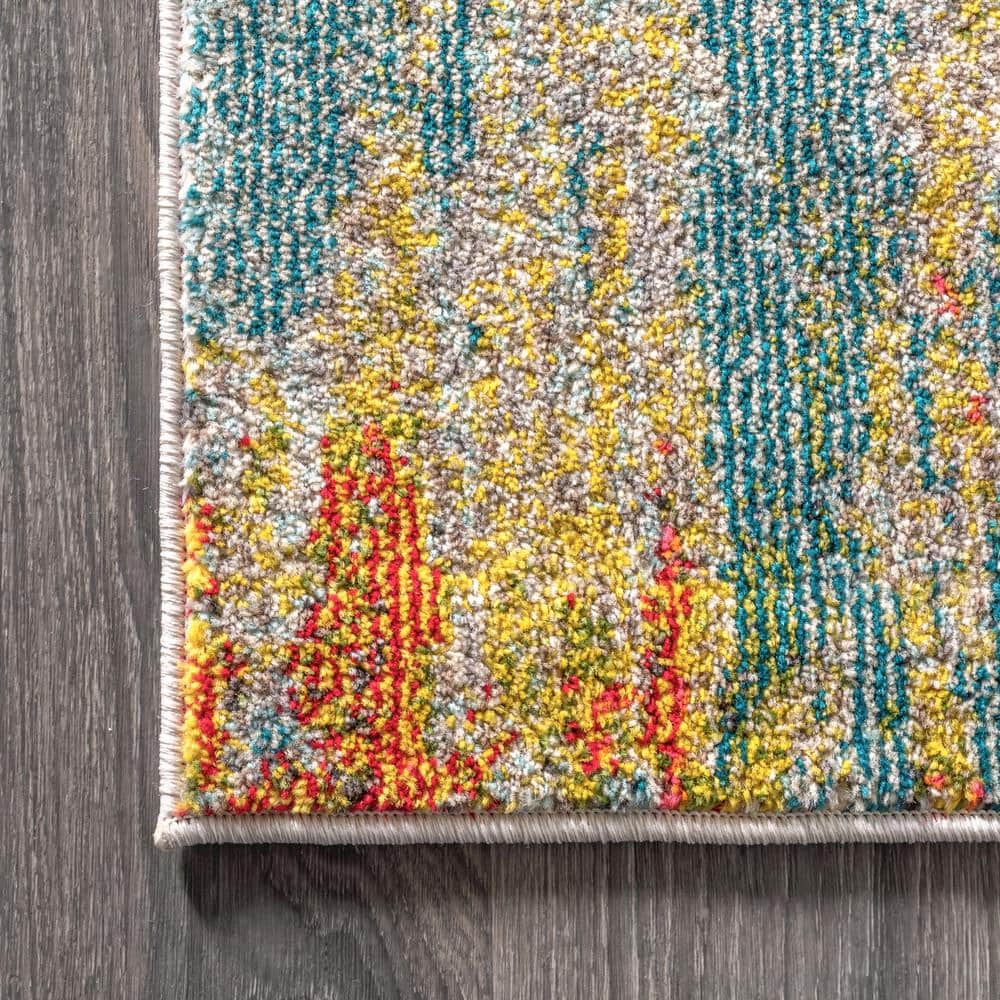 Blue Cream Yellow Abstract Rectangular Synthetic Area Rug