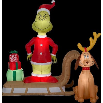 6 ft. Tall Airblown Inflatable Grinch and Max on Sled Scene