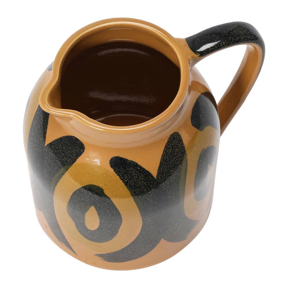 Hand-Painted Brown and Black Stoneware Pitcher with Handle