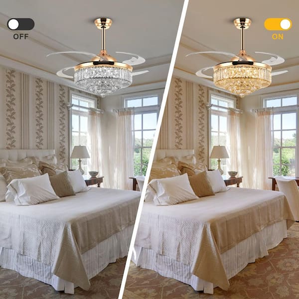 Modern 48 in. Smart Indoor Gold Crystal Retractable Invisible Chandelier Ceiling Fan with Dimmable Integrated LED