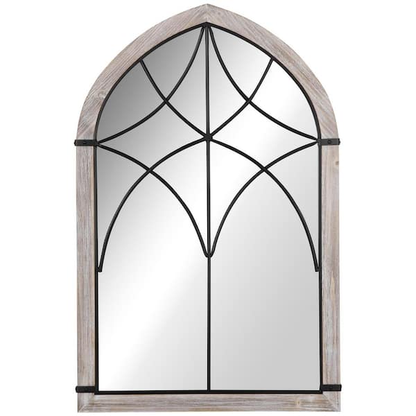 Multicolor 23.5 in W x 36.5 in. H Large Farmhouse Arch MDF Framed Window Mirror for Wall Decor Rustic Wood Grain Finish