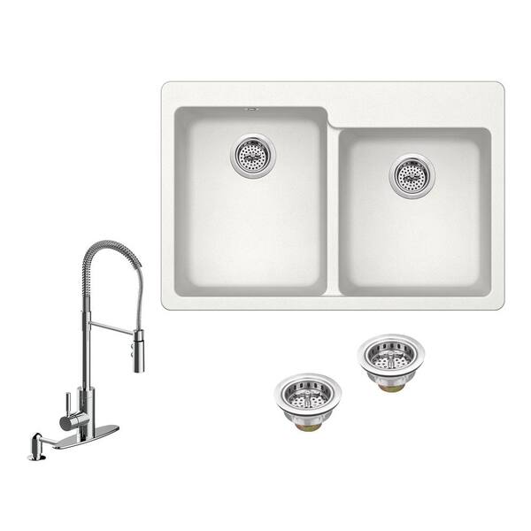 IPT Sink Company All-in-One Drop-in Quartz Composite 33 in. 4-Hole 50/50 Double Bowl Kitchen Sink in White with Faucet in Chrome