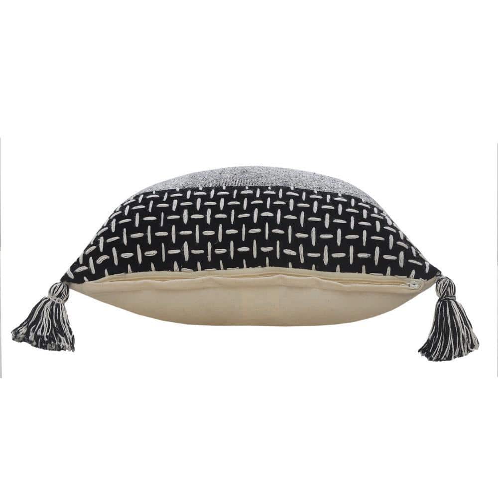 LR Home Interwoven Dash 20" Square Black/White Cotton Throw Pillow with Tassels