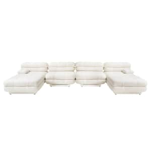 146.4 in. Square Arm Teddy Velvet 6-piece Deep Seat Modular Sectional Sofa with Movable Ottoman in Beige