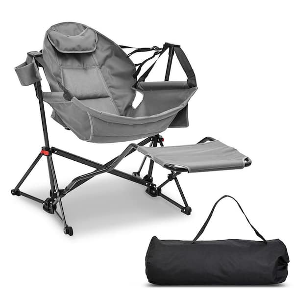 Hammock Camping Chair Grey Mesh Fabric Chair with Retractable Footrest and Carrying Bag