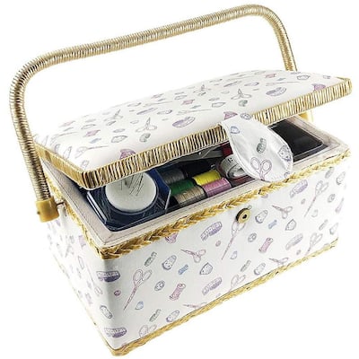 Medium 9.5 in. x 7 in. Classic Fabric Design Sewing Basket with Accessories