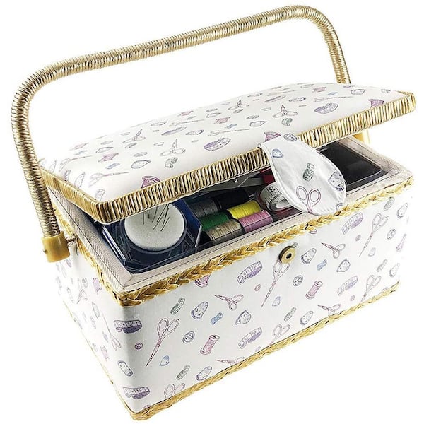 Sewing Box With Handle,Wooden & Cloth Fabric Sewing Box Kit Accessories Craft Basket Organiser with Removable Plastic Tray,for Home Travel 
