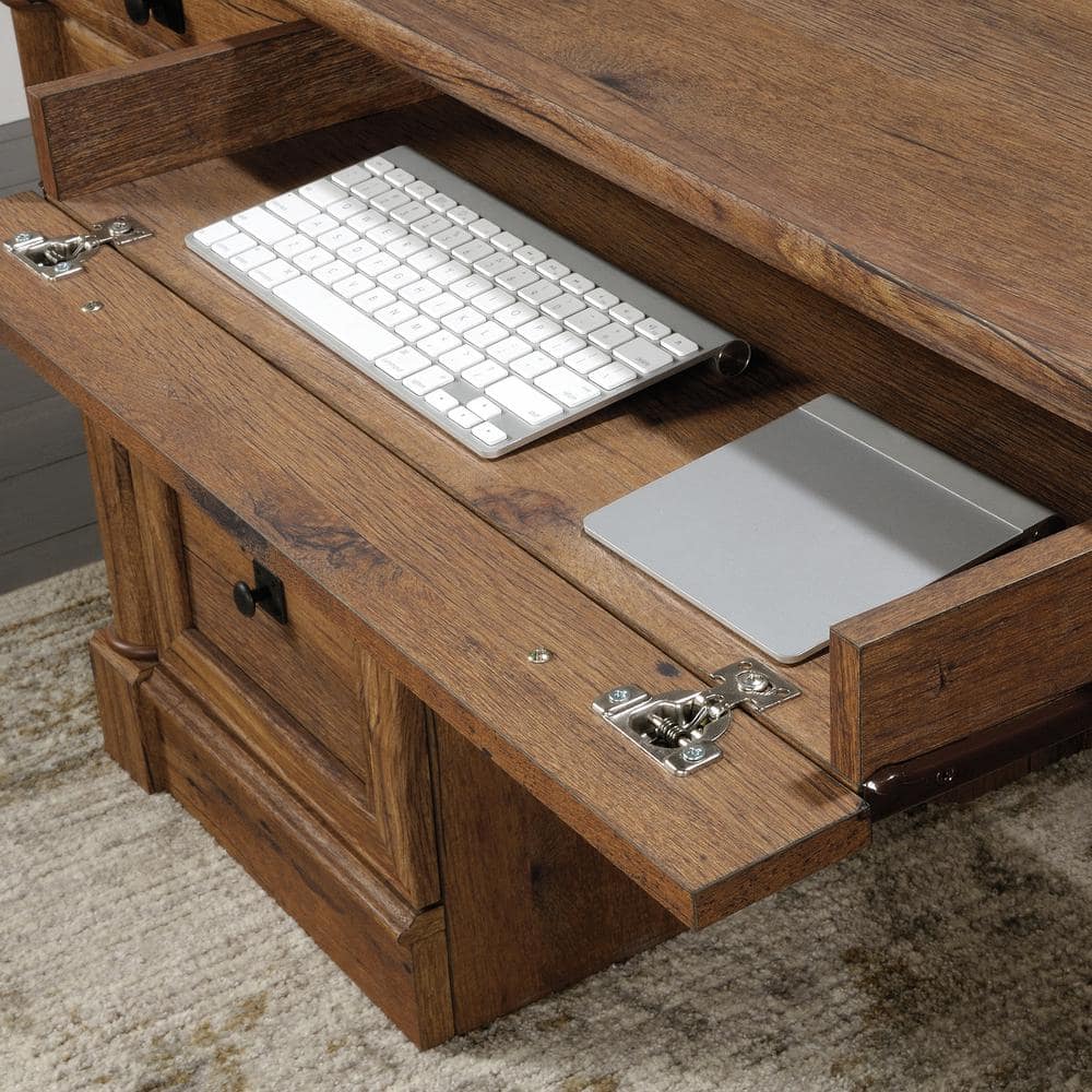 Vintage Oak Executive Desk with Drawers and Power Outlet