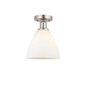 Bristol Glass 7.5 in. 1-Light Brushed Satin Nickel, Matte White Semi-Flush Mount with Matte White Glass Shade