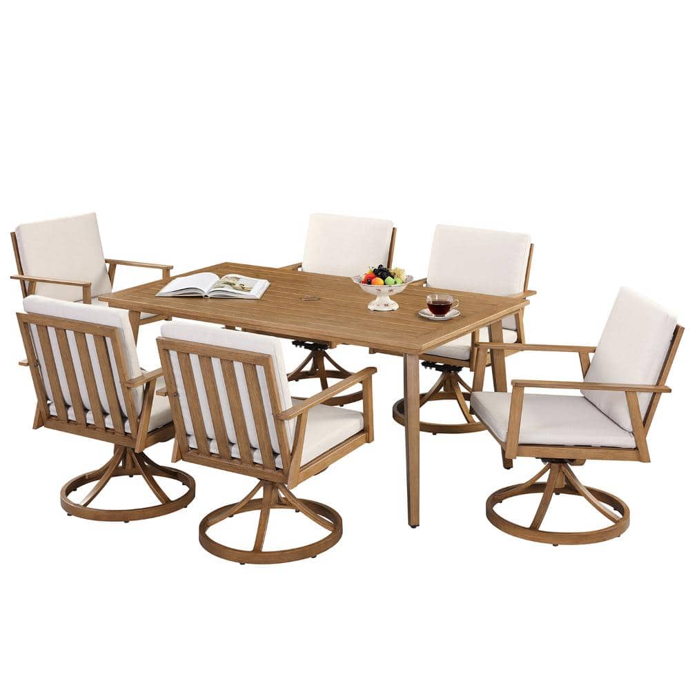 Teak 7-Piece Aluminum Outdoor Dining Patio Set with Rectangular Table and Swivel Dining Chairs with Cushions
