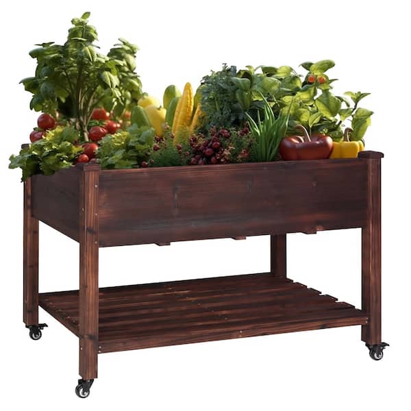VEIKOUS 47 in. x 23 in. x 33 in. Brown Cedar Wood Raised Garden Bed with Lockable Wheels and Liner