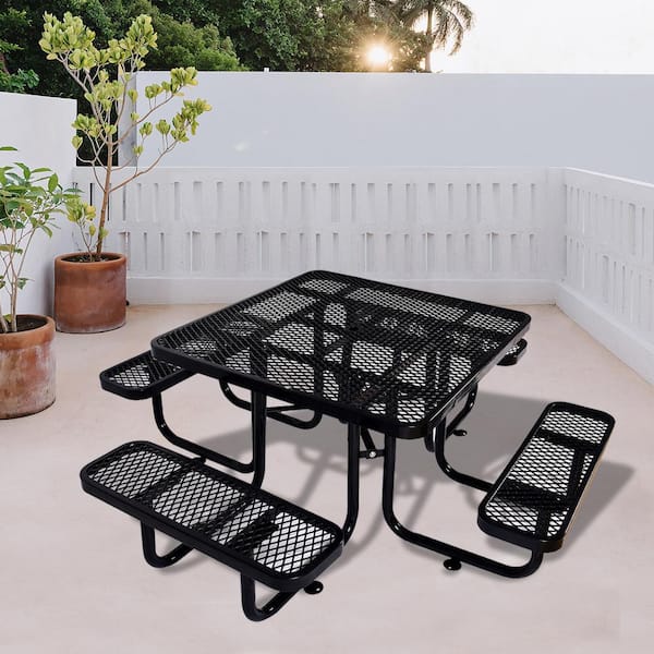Zeus & Ruta 82.9 in. 8-Person Black Steel Square Outdoor Picnic Table with Umbrella Pole and 4-Stools for Patio, Backyard and Garden
