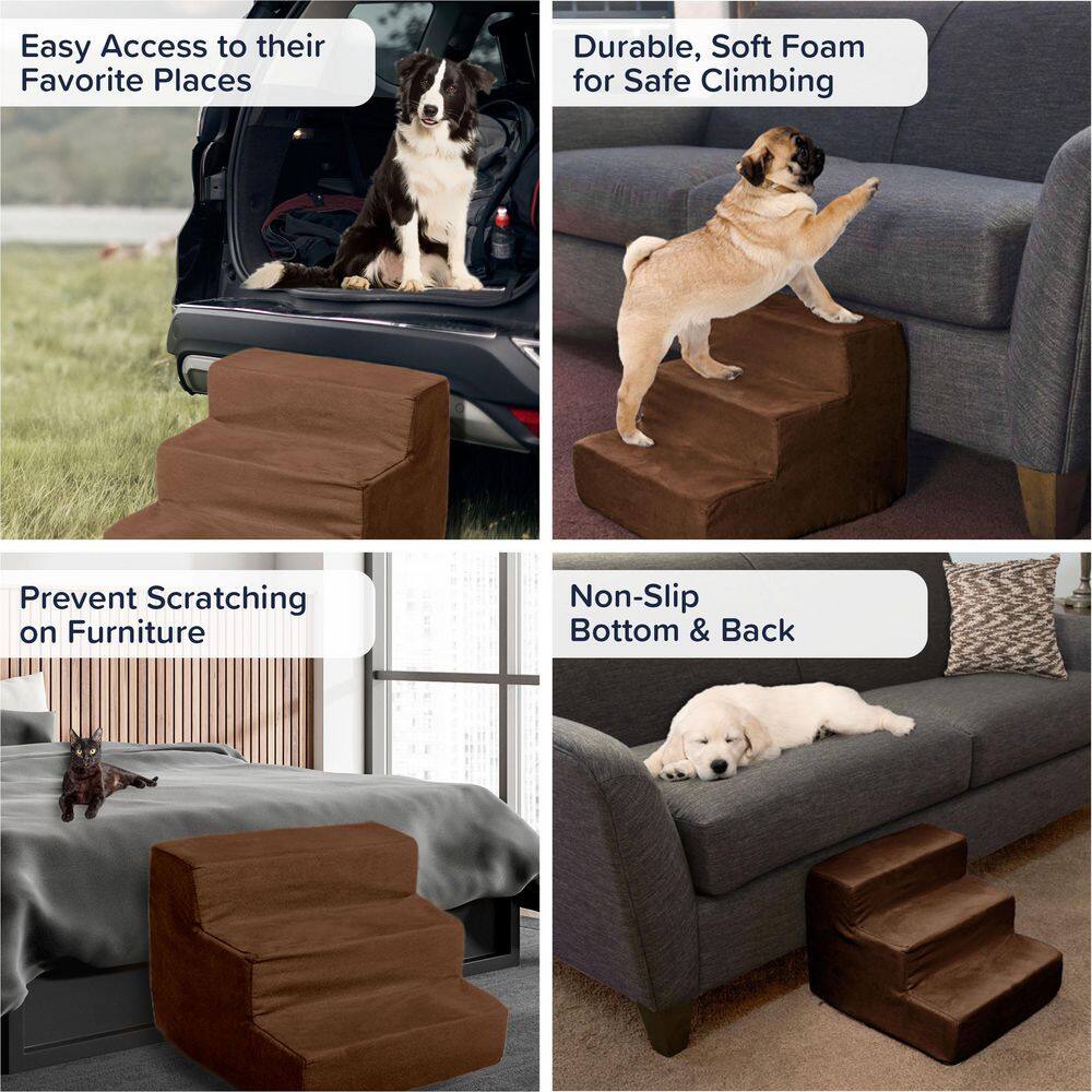 Brown 3-Step High-Density Foam Pet Stairs with Microfiber Cover