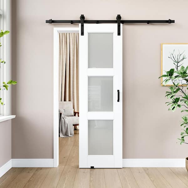 18 in. x 80 in. 3-Lite Frosted Glass White Primed MDF Composite No Assembly Required Sliding Barn Door with Hardware Kit