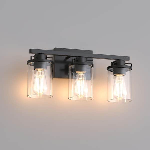 YANSUN 18 in. 3-Light Black Vanity Light with Clear Glass Shades, Budget Bathroom Fixture