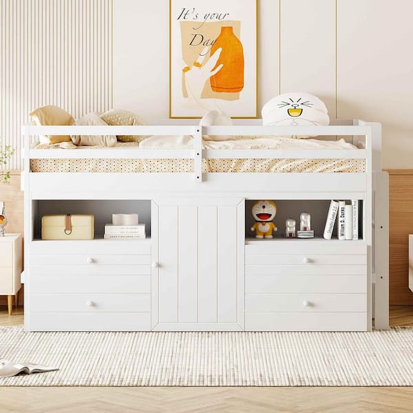 Polibi Twin Size Loft Bed with 4 Drawers, Underneath Cabinet and Shelves, White