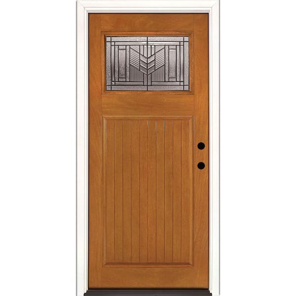 Feather River Doors 37.5 in. x 81.625 in. Phoenix Patina Craftsman 1/4 Lite Stained Honey Mahogany LH Inswing Fiberglass Prehung Front Door