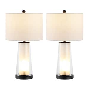 Tryon 26 in. Modern Glass/Iron LED Table Lamp Set with Linen Shade and Nightlight, Oil Rubbed Bronze/Clear (Set of 2)