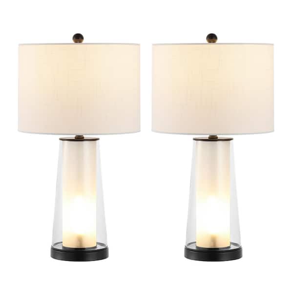 Tryon 26 in. Modern Glass/Iron LED Table Lamp Set with Linen Shade and Nightlight, Oil Rubbed Bronze/Clear (Set of 2)