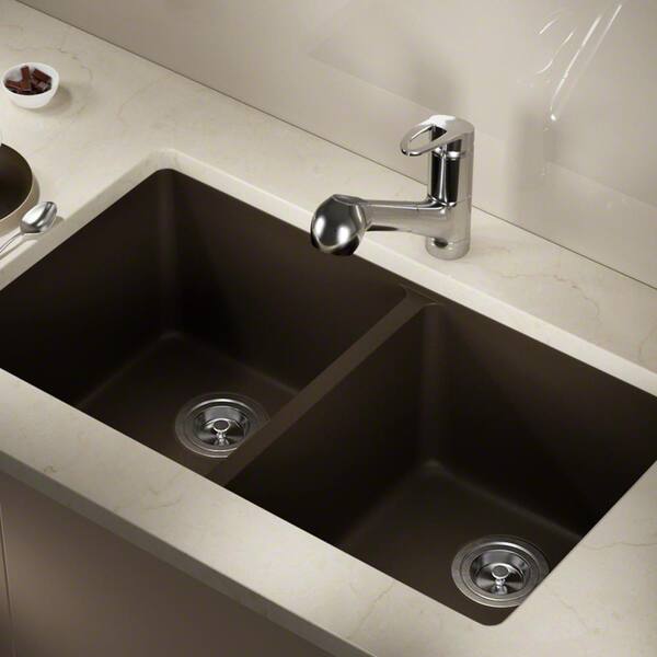 MR Direct Mocha Quartz Granite 33 in. Double Bowl Undermount Kitchen Sink