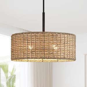 Seymour 20 in. 4-Light Black Rattan Drum Pendant Chandelier Light