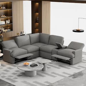 104 in. Modern Linen Home Theater Reclining Sectional Sofa in Gray with Storage Box, Cup Holders, USB Ports and Socket
