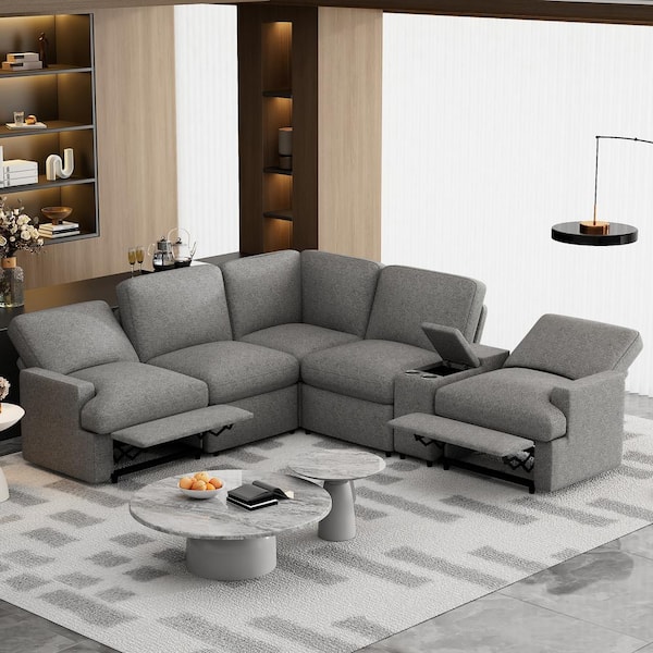 Harper & Bright Designs 104 in. Modern Linen Home Theater Reclining Sectional Sofa in Gray with Storage Box, Cup Holders, USB Ports and Socket
