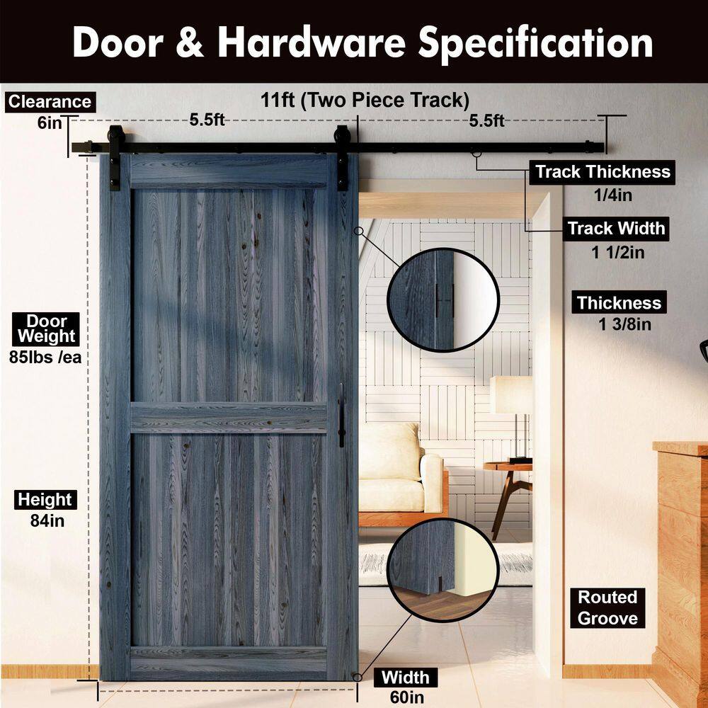 Navy Solid Pine Wood Sliding Barn Door with Black Hardware