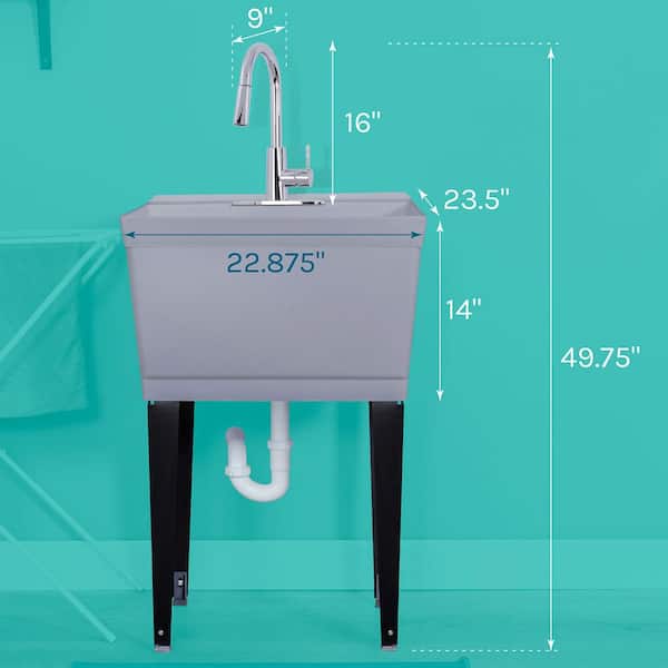 Complete 22.875 in. x 23.5 in. Grey 19 Gal. Utility Sink Set with Metal Hybrid Chrome High Arc Pull-Down Faucet Complete 22.875 in. x 23.5 in. Grey 19 Gal. Utility Sink Set with Metal Hybrid Chrome High Arc Pull-Down Faucet