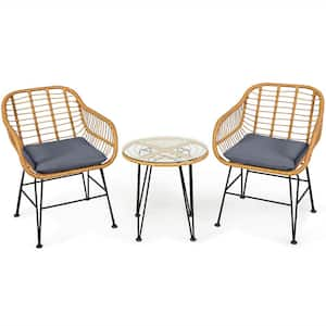 3-Piece Rattan Patio Bistro Set Conversation Furniture Set with Grey Cushions