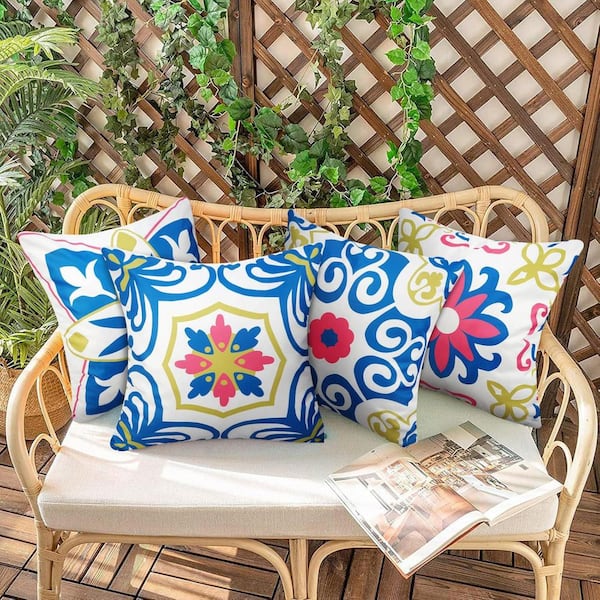 Outdoor Pillows Waterproof Throw Pillow Covers Set of 4 Floral Printed and Boho Farmhouse Outdoor Pillow Covers18x18 in.