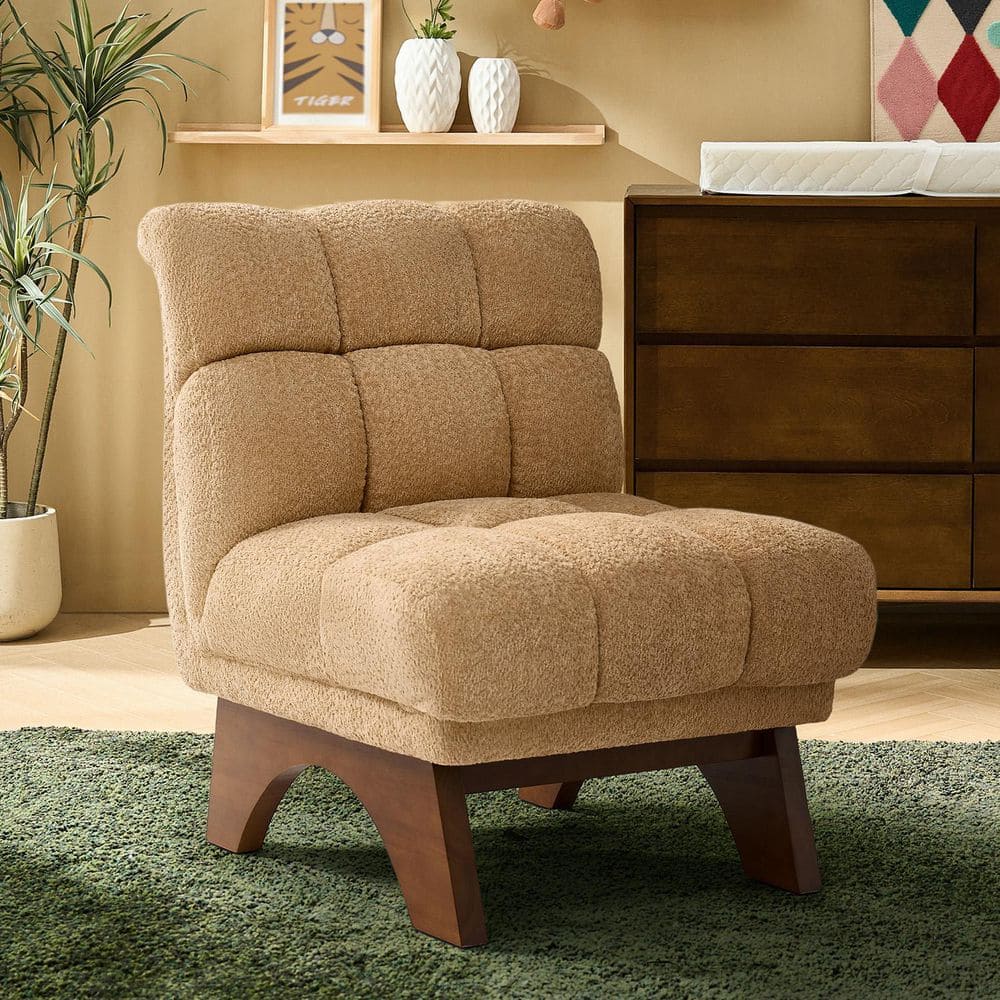 Ted Camel Modern Chenille Armchair with Curved Rubberwood Base