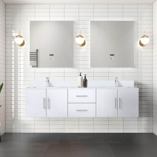 Geneva 72 in. W x 22 in. D Glossy White Double Bath Vanity and White Quartz Top